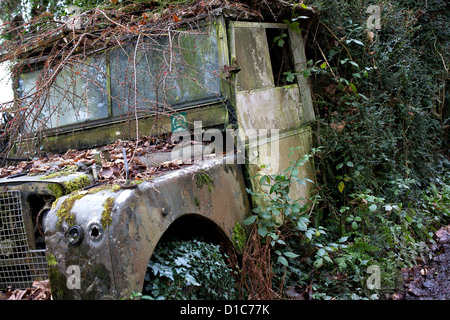 Un vecchio militare inglese Land Rover marcisce in una siepe dal lato di una strada in Cornovaglia. Foto Stock