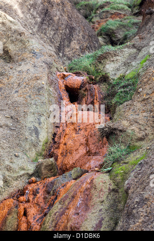 Minerali da un deflusso ad Alum Bay la colorazione della scogliera Foto Stock