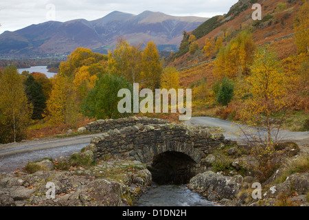 Ponte Ashness guardando verso Derwentwater e Skiddaw autunno, nel distretto del lago, Cumbria, England, Regno Unito Foto Stock