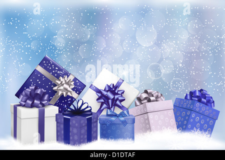 Sfondo di natale con confezioni regalo e fiocchi di neve. Illustrazione Vettoriale. Foto Stock