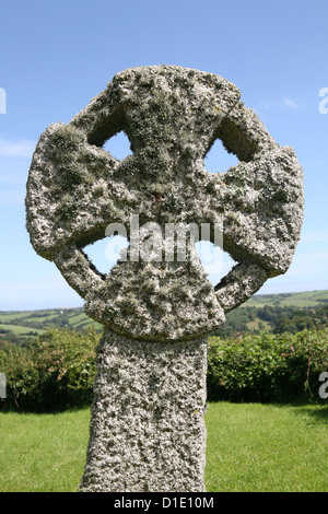 Granito Croce celtica coperto con il lichen la chiesa di San Michele, Caerhays, Goran, Cornwall, Regno Unito Foto Stock