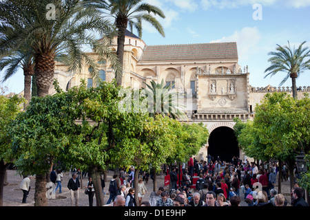 Persone nella moschea cattedrale cortile durante le celebrazioni della Settimana Santa si sono in cordoba , Spagna. Foto Stock