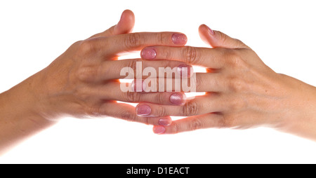 Mani femminili con manicure su uno sfondo bianco. Foto Stock