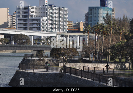 Naha (Giappone). L'Okinawa Monorail-Yui urbano della ferrovia a via, dal Parco Onoyama Foto Stock