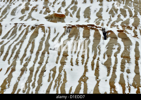 Erosi bentonite pendenza con neve fresca, Theodore Roosevelt NP (Sud), il Dakota del Nord, STATI UNITI D'AMERICA Foto Stock