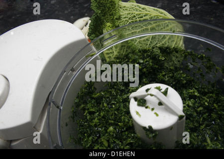 Tritate finemente la verza nel cibo frullatore Foto Stock