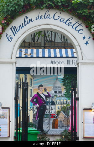 Entrata al ristorante - Le Moulin de la Galette, reso famoso da Renoir del dipinto, Montmartre, Parigi Francia Foto Stock