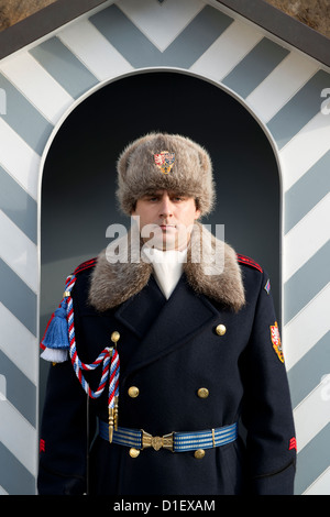 Una guardia al Castello di Praga Pražský hrad Praha durante l inverno in Repubblica Ceca. Foto Stock