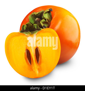 Due mature cachi isolati su sfondo bianco Foto Stock