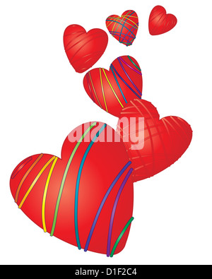 Una illustrazione di cuori rossi grandi con colorati strand design come sfondo di san valentino isolato su bianco Foto Stock