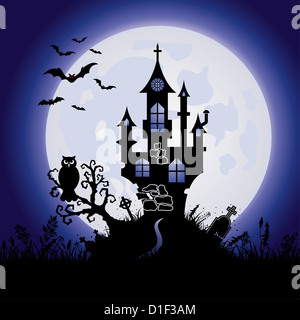 Halloween biglietto di auguri con il castello sulla Luna Piena Sfondo, illustrazione vettoriale Foto Stock