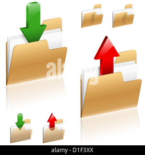 Download e Upload icona - 3D freccia con cartella, isolato su bianco, vettore Foto Stock