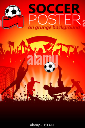 Soccer poster con i giocatori e tifosi su sfondo grunge, illustrazione Foto Stock