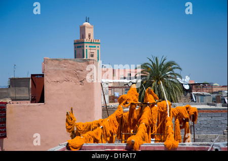 Luminosamente lana colorati appesi per asciugare in dyers souk, Marrakech, Marocco, Africa Settentrionale, Africa Foto Stock