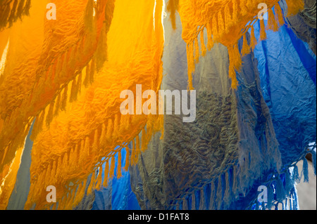 Dai colori vivaci tessuti tinti appesi per asciugare in dyers souk, Marrakech, Marocco, Africa Settentrionale, Africa Foto Stock