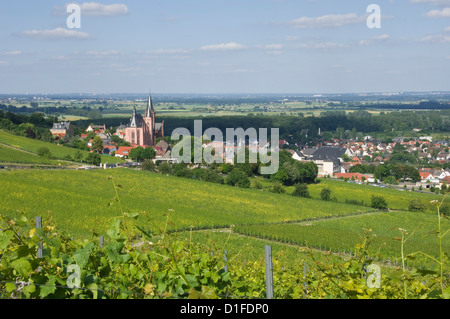 Est vista sulla Valle del Reno e Santa Caterina chiesa nella città del vino di Oppenheim, Renania Palatinato, Germania, Europa Foto Stock