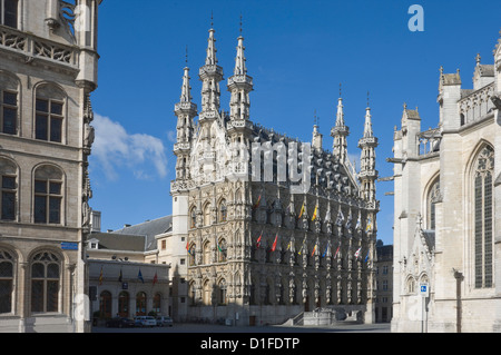 Il XV secolo tardo municipio gotico di Grote Markt, Lovanio, Belgio, Europa Foto Stock