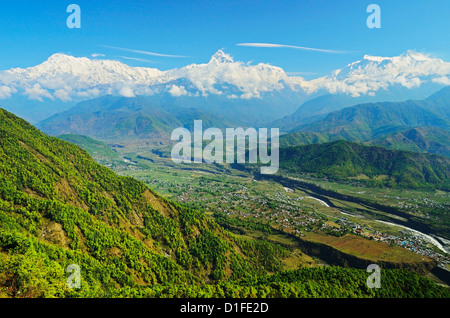 Annapurna Himal Machapuchare e visto da Sarangkot, Gandaki zona, regione occidentale, Nepal, Himalaya, Asia Foto Stock