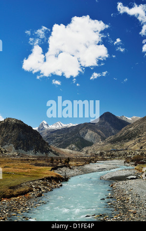 Marsyangdi River Valley, Annapurna Area di Conservazione, Gandaki, Regione Occidentale (Pashchimanchal), Nepal, Himalaya, Asia Foto Stock