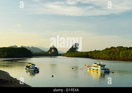 Krabi River e Kanab Nam Twin Peaks in distanza, Krabi town, Provincia di Krabi, Thailandia, Sud-est asiatico, in Asia Foto Stock