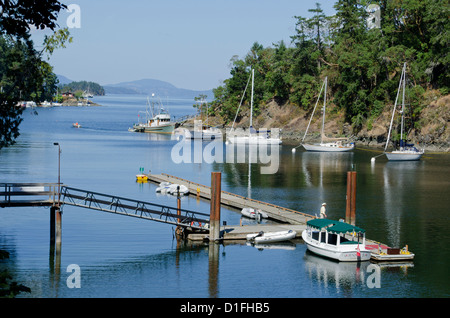 Barche a vela ancorata in una baia tranquilla Victoria Vancouver Island BC Foto Stock