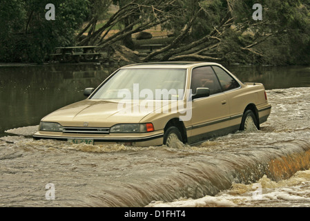 Automobilista in car guida attraverso le profonde e pericolosamente a scorrimento veloce le acque di esondazione dove il fiume attraversa una strada in Australia Foto Stock