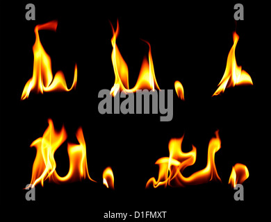 Fuoco e fiamme su sfondo nero Foto Stock