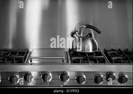 Acciaio inox lucido bollitore teiera con acqua bollente sul fornello a gas  su cucina copia gialla sfondo spazio Foto stock - Alamy