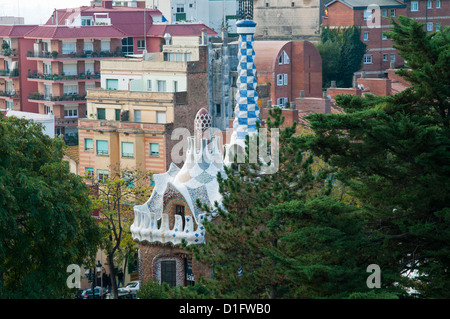 Ingresso al parco, Parco Guell (Parc Guell), il Sito Patrimonio Mondiale dell'UNESCO, Barcellona, Catalunya (Catalogna) (Cataluña), Spagna, Europa Foto Stock