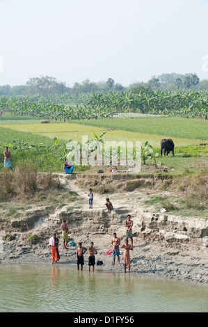 Gli uomini sulle rive del fiume Hugli dopo mattina puja, vicino ricefields e banana risaie, rurale Bengala Occidentale, India Foto Stock