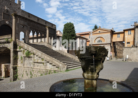 La fontana e la terrazza del Palazzo dei Papi di Viterbo, Lazio, l'Italia, Europa Foto Stock