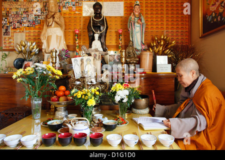 Cerimonia buddista a antenati' altare, Tu un tempio buddista, Saint-Pierre-en-Faucigny, Haute Savoie, Francia, Europa Foto Stock