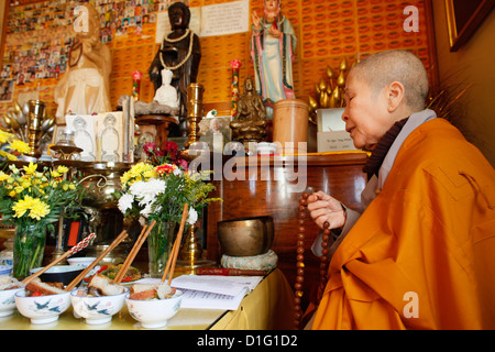 Cerimonia buddista a antenati' altare, Tu un tempio buddista, Saint-Pierre-en-Faucigny, Haute Savoie, Francia, Europa Foto Stock