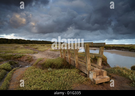 Stromy nuvole sopra il salmastra a Stiffkey, Norfolk, Inghilterra, Regno Unito, Europa Foto Stock