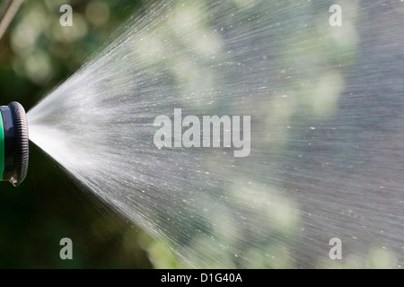 Lawn sprinkler acqua di spruzzatura di acqua su erba nel giardino in una calda giornata estiva closeup Foto Stock