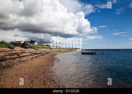 Barche di pescatori sulla spiaggia a Carnoustie, Angus, Scotland, Regno Unito, Europa Foto Stock