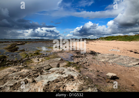 Rocce sulla spiaggia a Carnoustie, Angus, Scotland, Regno Unito, Europa Foto Stock