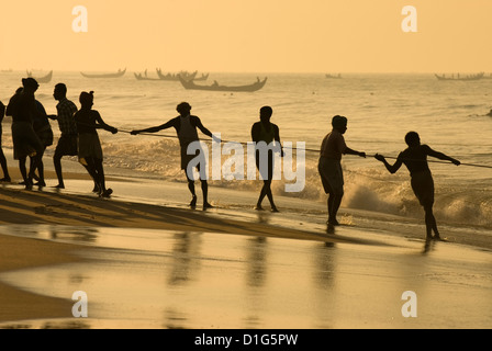 I pescatori alaggio in reti di sunrise, Chowara Beach, vicino a Kovalam, Kerala, India, Asia Foto Stock