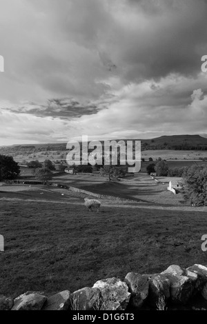 Alba su pascoli Askrigg; Askrigg village, Wensleydale; Yorkshire Dales National Park, England, Regno Unito Foto Stock