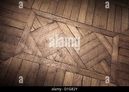 Vecchio parquet di quercia frammento con elemento di decoro Foto Stock