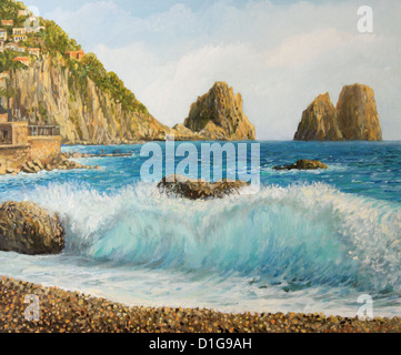 Un dipinto ad olio su tela di famosi Faraglioni Rock formazione sulla isola di Capri Nel Golfo di Napoli area con crystal clear wave. Foto Stock