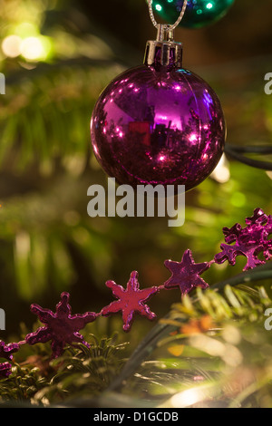Albero di natale di pino Hordman abete decorato con luci scintillanti e baubles in verde viola e rosa, alcuni sfocato al di fuori della messa a fuoco Foto Stock