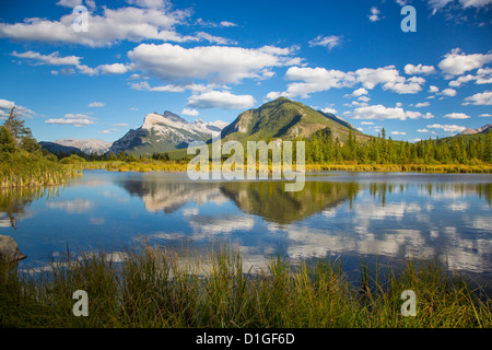 Mount Rundle e Montagna di Zolfo riflettendo in Laghi Vermillion a Banff National Park in Alberta Canada Foto Stock