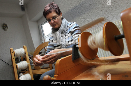 Gabi Angele gira Pelliccia di cane con la sua elettrico ruota di filatura in Westerheim, Germania, 13 novembre 2012. Il 50-anno-vecchio gira Pelliccia di cane in lana. Foto: Karl-Josef Hildenbrand Foto Stock