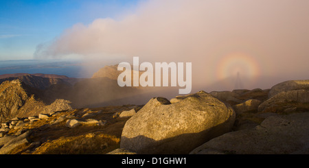 Brocken Spectre sul vertice della capra cadde, Isle of Arran, Scotland, Regno Unito, Europa Foto Stock