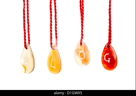 Blog di parola con ortografia agate che sono incisi con le lettere in bianco e sono appesi da funi, isolata contro uno sfondo bianco Foto Stock
