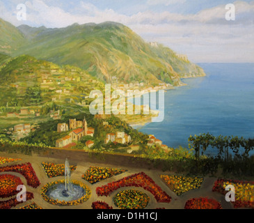 Un dipinto ad olio su tela di Villa Rufolo giardini formali a Ravello, offerta dalla terrazza la vista della Costiera Amalfitana in Italia. Foto Stock