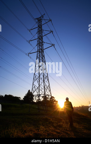 Stagliano elettricità tralicci e lavoratore in hard hat Foto Stock