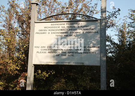 Segno per l'ex campo di concentramento, Plaszow Cracovia in Polonia Foto Stock