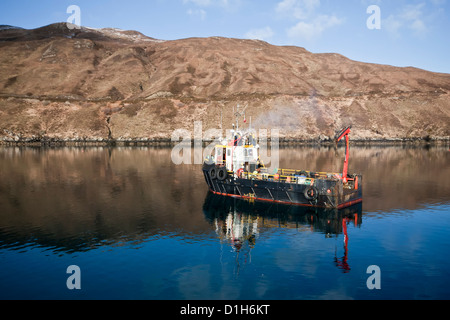 Allevamento ittico barca ad allevamento di salmoni, Loch Ainort, Isola di Skye, Scotland, Regno Unito Foto Stock